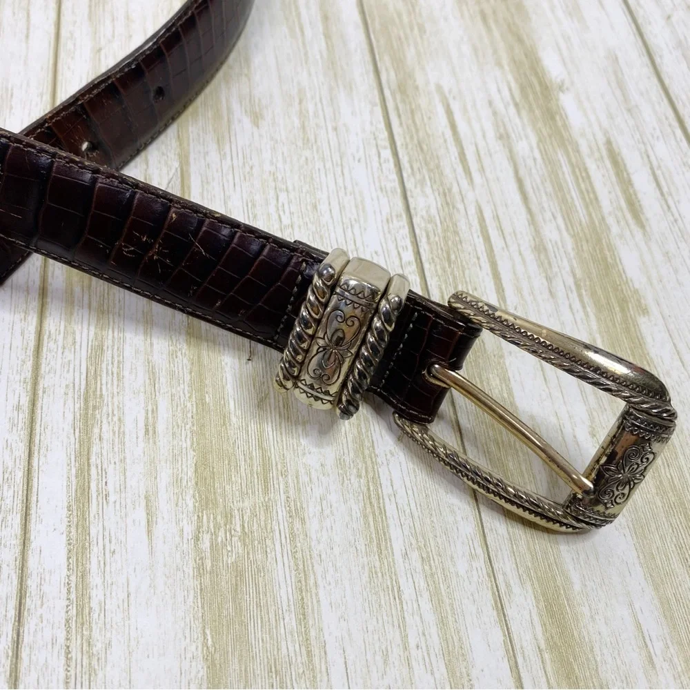 Brighton Brown Leather Silver Croc Embossed Belt